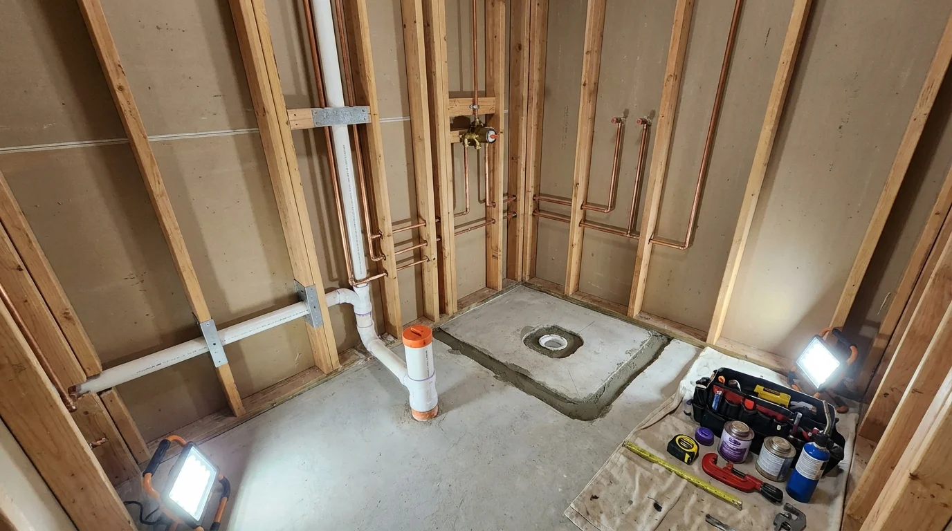 Bathroom rough-in plumbing during remodel by Johns Plumbing LLC in Kellogg