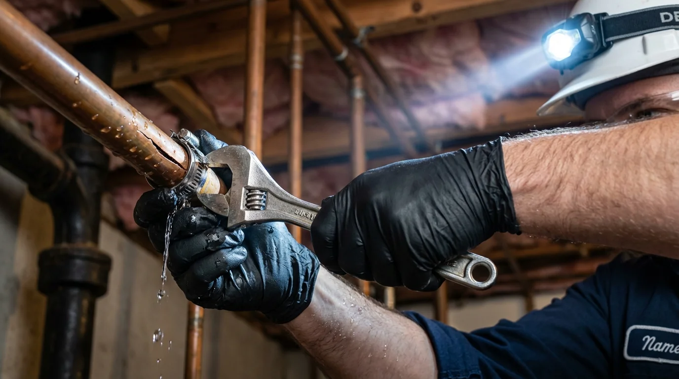 Emergency pipe clamp repair being performed by a Johns Plumbing LLC plumber in Kellogg