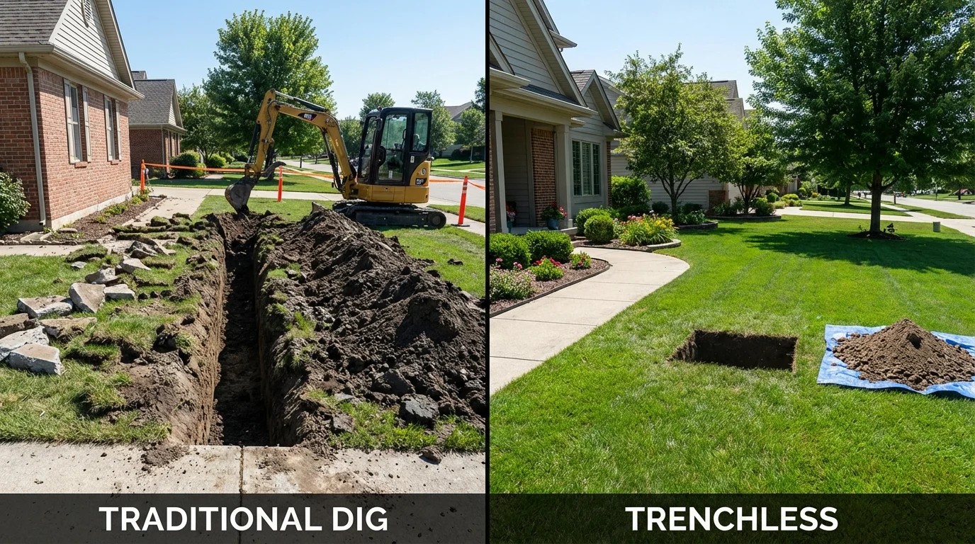 Trenchless sewer repair with minimal yard damage versus traditional excavation in Kellogg, ID